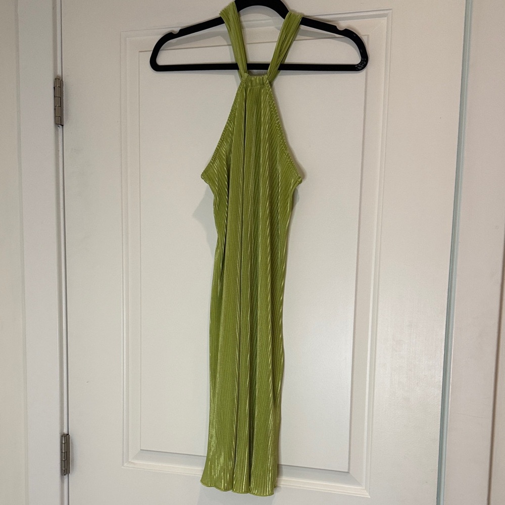 Green Pleated Halter Neck Dress